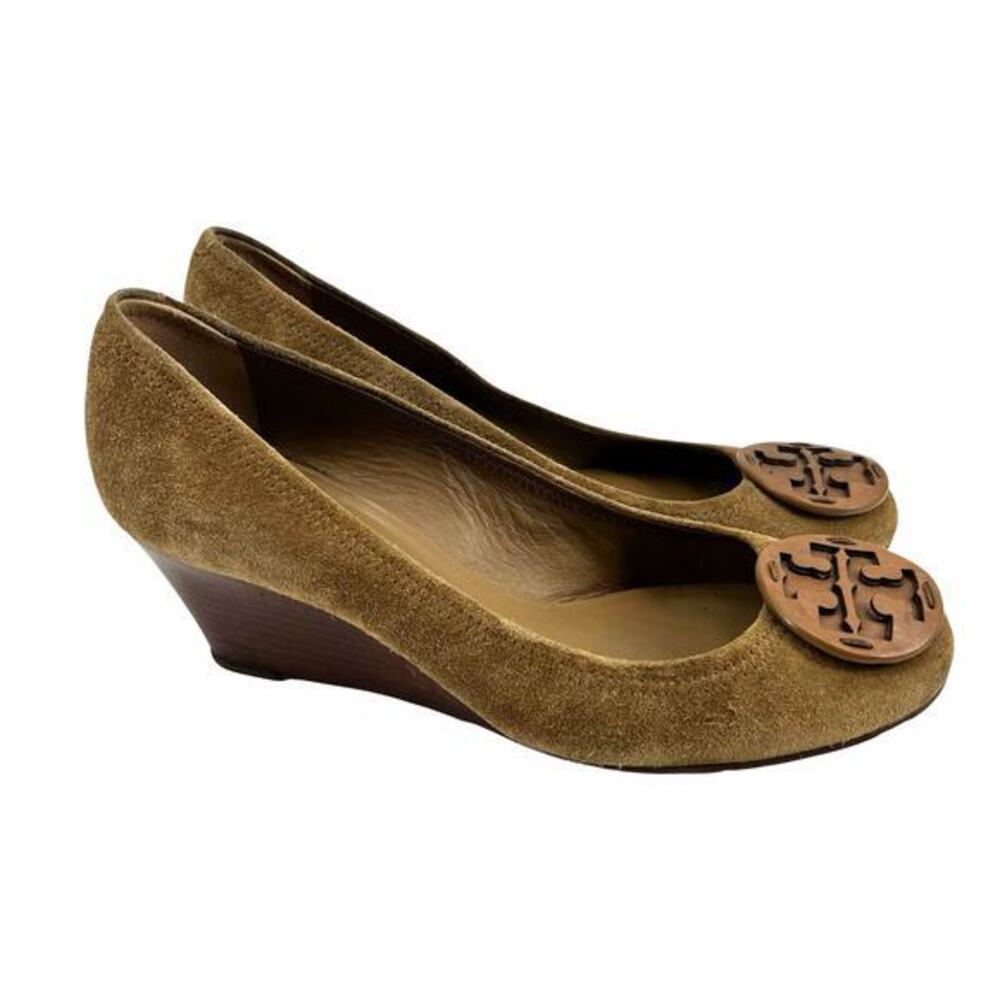 Tory Burch Sophie Olive Brown Suede Leather Logo Wedge Pumps classic Size 10.5